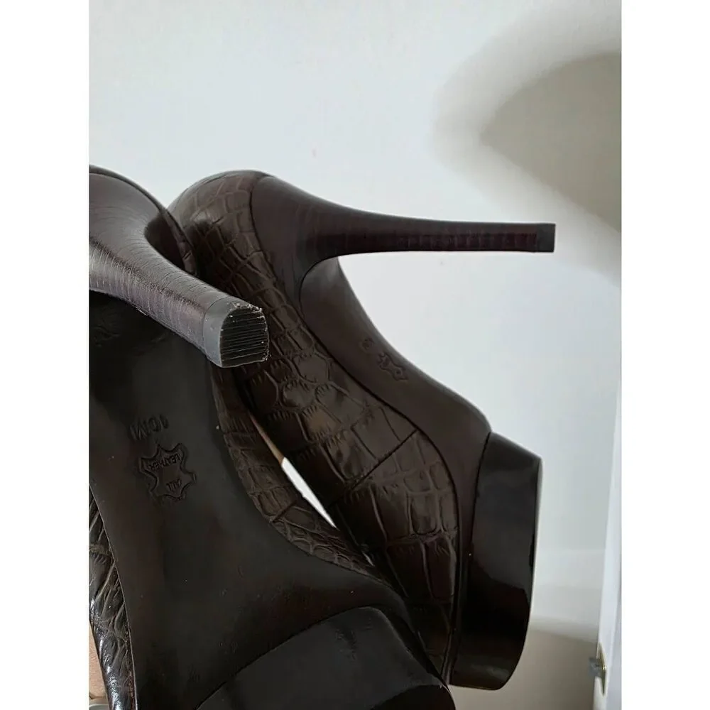 $278 Tory Burch US 10M Brown Croc Embossed Leather Pumps Wood Platform Heel